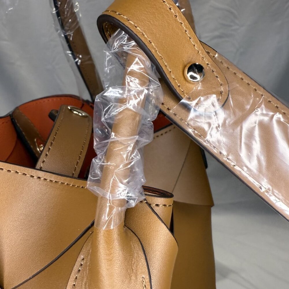 Caramel Woven Leather Bucket Bag, Loop Handles, Removable Shoulder Strap, NWOT - Picture 7 of 16